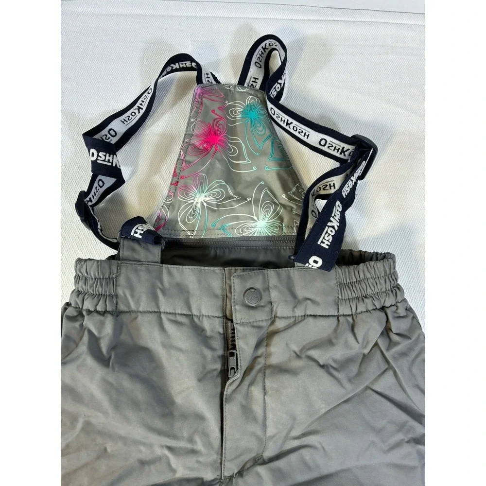 OshKosh B'gosh Girls Snow Bibs Size 7 Grey Pink Butterfly Print Lining Ski Pants